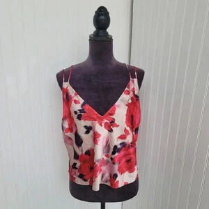 Victoria’s Secret Womens White Red Floral Print Satin Camisole Black Top Size XL